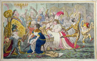 Dilettanti Theatricals aneb A Peep at the Green Room, vydané Hannah Humphrey v roce 1803 (ručně kolorovaný lept)